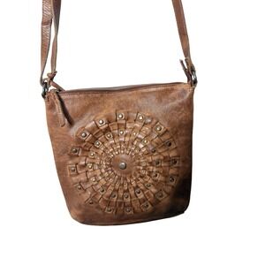 Vilenca‎ Holland Woven Leather Studded Messenger Crossbody Brown